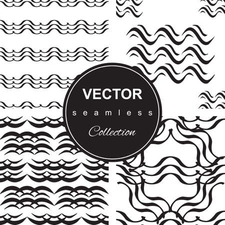 Wave seamless vector pattern set. Hand drawn monochrome modern background collection.のイラスト素材