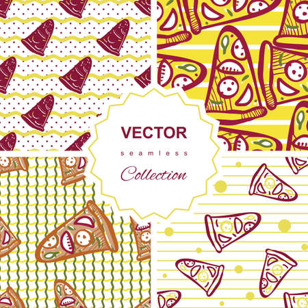 Seamless pattern collection of italian pizza with salami, pepperoni, basil and tomatoes on striped background in pop art styleのイラスト素材