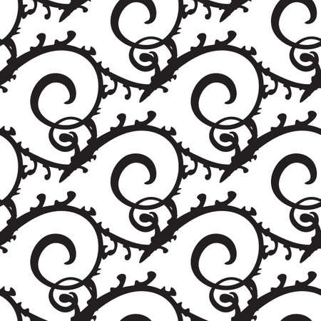 Curly monochrome seamless pattern. Swirly repeating hand drawn linear texture with spiral. Abstract vector black and white stylish backgroundのイラスト素材