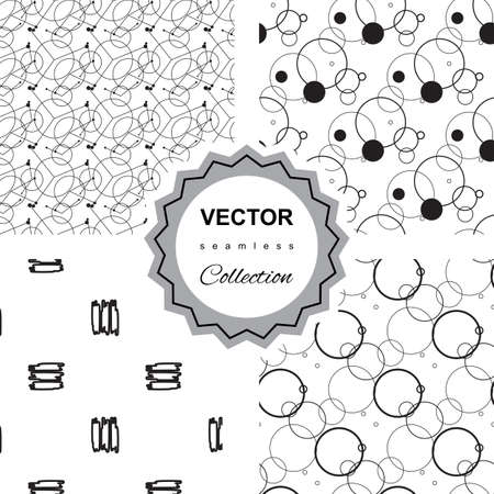 Set of 4 doodle abstract seamless pattern collection. Black and white endless texture set.のイラスト素材