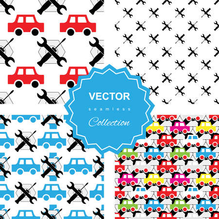 Auto service seamless or car repair seamless pattern collection. Kids background set with automobilesのイラスト素材