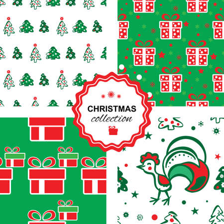 Colorful seamless pattern background with roosters, christmas trees and gift boxes. Symbol of 2017 year. Oriental happy new year illustration.のイラスト素材