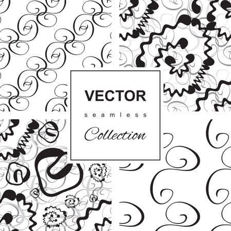 Curly monochrome seamless pattern collection. Swirly repeating hand drawn linear texture. Abstract vector black and white stylish backgroundのイラスト素材