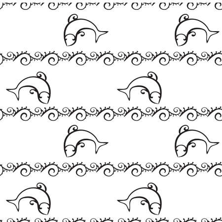 Curly monochrome seamless pattern. Swirly repeating hand drawn linear texture with spiral. Abstract vector black and white stylish backgroundのイラスト素材