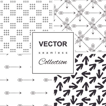 Collection of decorative ornaments hand-drawn arrows patterns. Vector seamless backgroundのイラスト素材