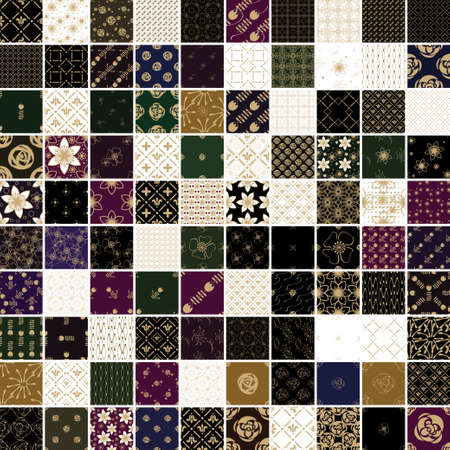 100 Golden flower and geometric pattern set. Elegant illustration collection for print, package design, wrapping, textileのイラスト素材