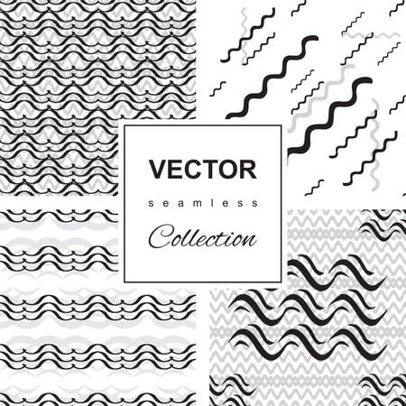 Wave seamless  pattern set. Hand drawn monochrome modern background collection.のイラスト素材