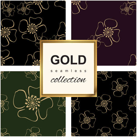 Luxury seamless pattern. Golden flowers on dark background. Elegant illustration for print, package design, wrapping, textileのイラスト素材