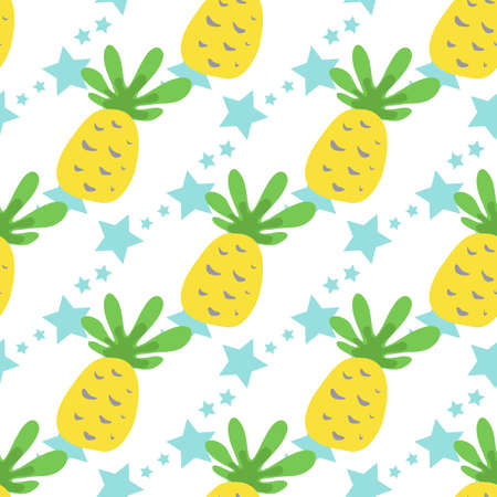 Seamless Pattern with Pineapples and Stars. Cute Background with Fruit for Print.