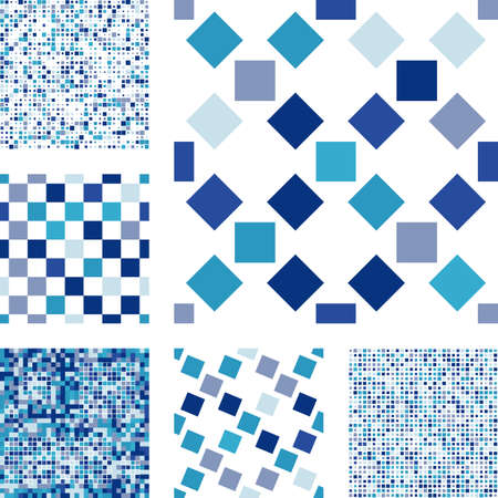 Set of abstract seamless patterns with squares. Blue mosaic vector background in minimal styleのイラスト素材