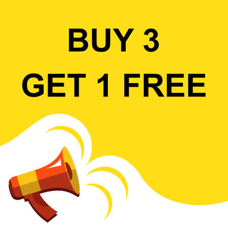 Flat illustration of megaphone with announce on the bubble speech BUY 3 GET 1 FREE. Loudspeaker vector symbol with text template.のイラスト素材