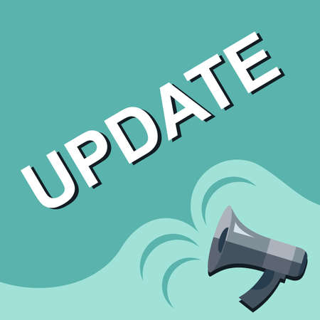 Flat illustration of megaphone with announce on the bubble speech UPDATE. Loudspeaker vector symbol with text template.のイラスト素材