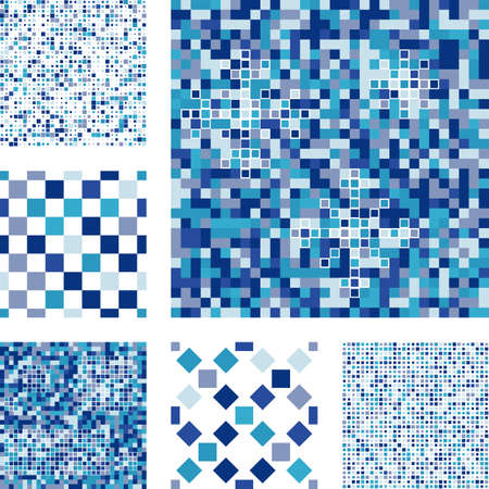 Set of abstract seamless patterns with squares. Blue mosaic vector background in minimal styleのイラスト素材