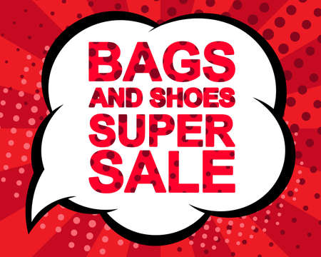 Big sale poster with BAGS AND SHOES SUPER SALE text. Advertising red banner template. Pop art styleのイラスト素材