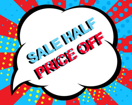 Sale poster with SALE HALF PRICE OFF text. Advertising blue and red banner template. Pop art styleのイラスト素材