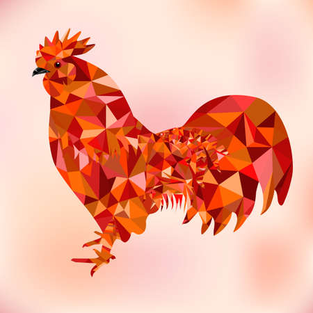 Stylized red and orange polygon rooster, cockerel or cock isolated on white background. Symbol of chinese new yearのイラスト素材