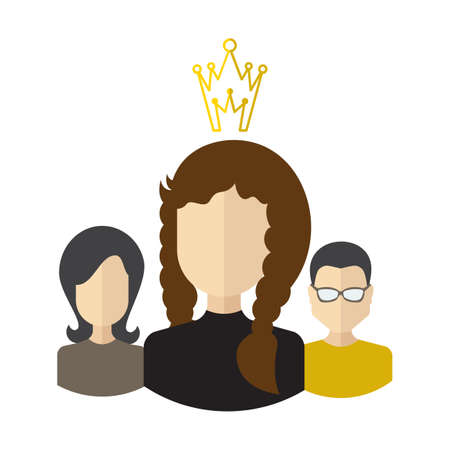 Person with the crown and team flat icon. Teamwork with leader concept.のイラスト素材
