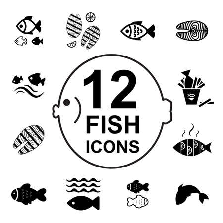 Fish Icon Or Logo Set Isolated On White Background. Simple Black Vector Seafood Symbols Collectionのイラスト素材