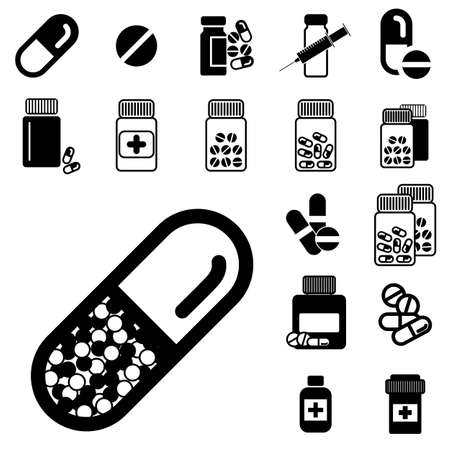 Set of Different Pill or Drug Jars Icons Isolated on White Background.のイラスト素材