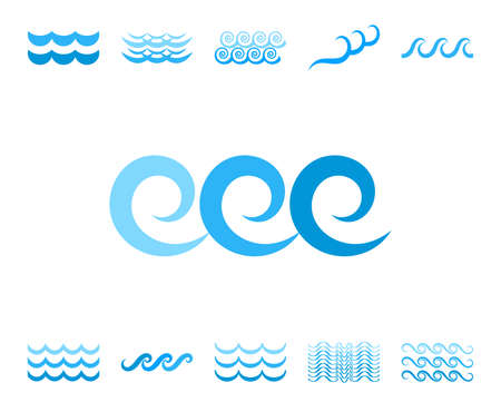 Blue Sea Wave Icons or Water Liquid Symbols Isolated on White.のイラスト素材