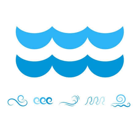 Blue Sea Wave Icons or Water Liquid Symbols Isolated on White. River or Oceanic Flowing Sign,...