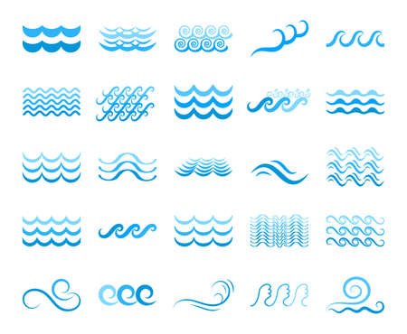 Blue Sea Wave Icons or Water Liquid Symbols Isolated on White. River or Oceanic Flowing Sign, Bending Linesのイラスト素材
