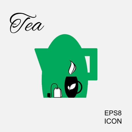 Cup of Hot Tea Vector Icon and Tea Bag Pictogram. Kettle or Teapot Illustrationのイラスト素材