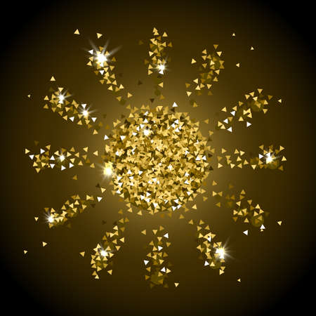 Shining Sun Made from Little Gold Sparkles on Dark Background. Gold Star Vector Illustrationのイラスト素材