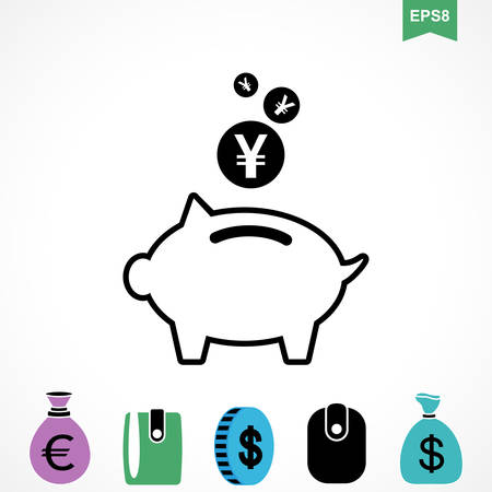 Money Yen Icon or Flat Sign. National Japan Currency Vector Symbol Isolated. Piggy Bank Pictogramのイラスト素材