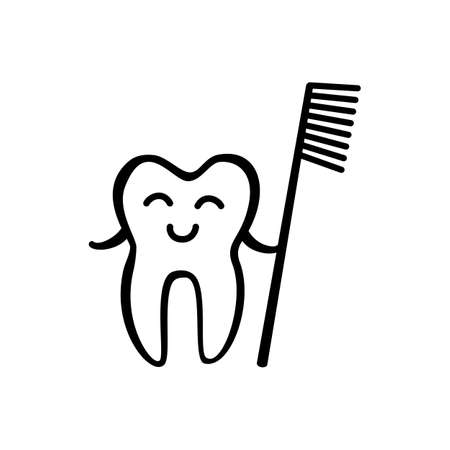 Happy Tooth with Toothbrush Icon Isolated on White Background. Hand Drawn Stomatology Symbolのイラスト素材