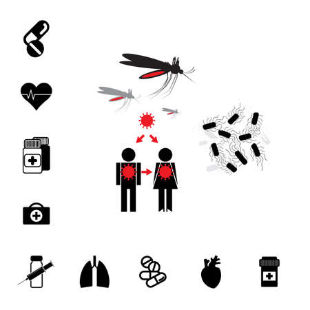 Distribution of Viruses and Bacteria by insects. Pill or Drug Vector Icon Set Isolated. Infection Symbolsのイラスト素材