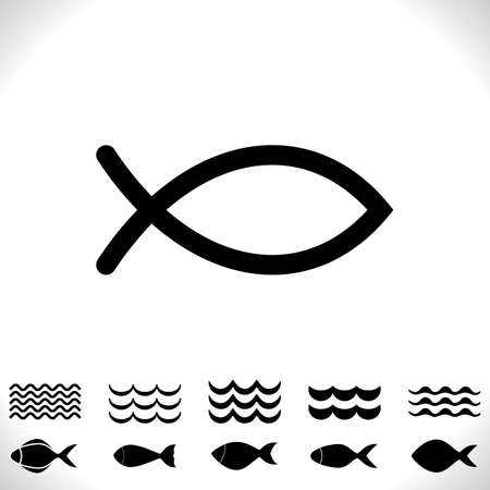 Set of Fish and Waves Vector Icon Isolated. Black Seafood Logo Collection. Simple Aquatic Animal Silhouette. Fishing Symbol or Black and White Pictogramのイラスト素材