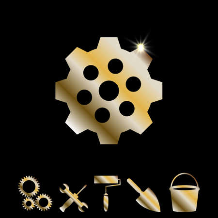 Gold Gear Or Cog Wheel Vector Icon. Machine, Technology, Equipment, Engine, Mechanism Sign. Idea, Settings, Development Progress Symbol Isolatedのイラスト素材