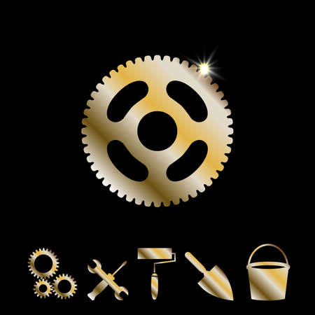 Gold Gear Or Cog Wheel Vector Icon. Machine, Technology, Equipment, Engine, Mechanism Sign. Idea, Settings, Development Progress Symbol Isolatedのイラスト素材