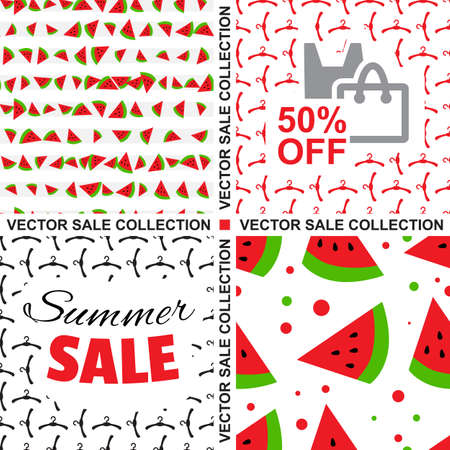 Collection of Summer Sale Backgrounds. Vector Set with Sale Banners and Watermelon Patterns
