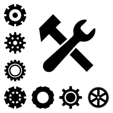 Service tools icons isolated on white background. Options vector illustration. Settings symbol with cogs and spannerのイラスト素材