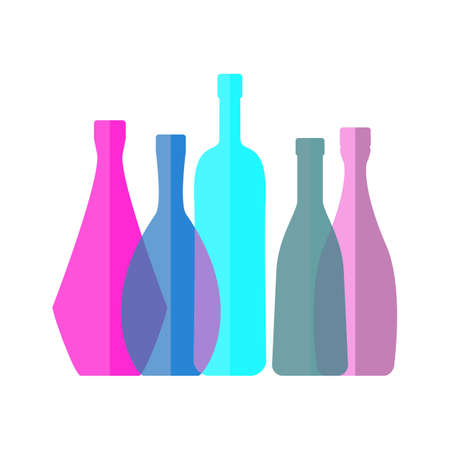 Transparent Wine Bottle Flat Vector Icon. Multicolored Alcohol Containers on White Backgroundのイラスト素材