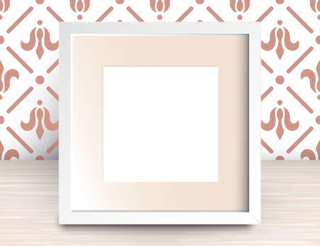 Vector 3d Illustration of Realistic Square Frame. White Blank Picture Frame Mockup Template on Wall...