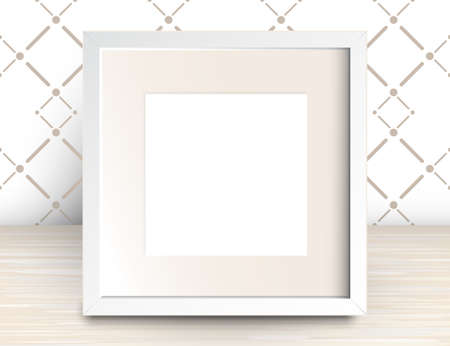 Vector 3d Illustration of Realistic Square Frame. White Blank Picture Frame Mockup Template on Wall with Wallpaper Backgroundのイラスト素材