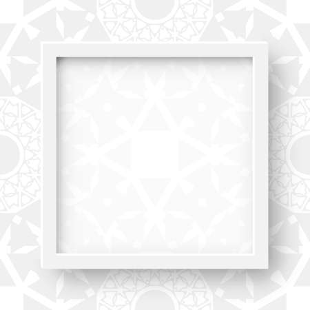 Vector 3d Illustration of Realistic Square Frame. White Blank Picture Frame Mockup Template on Ornamental Tribal Backgroundのイラスト素材