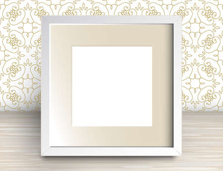 Vector 3d Illustration of Realistic Square Frame. White Blank Picture Frame Mockup Template on Wall with Wallpaper Backgroundのイラスト素材