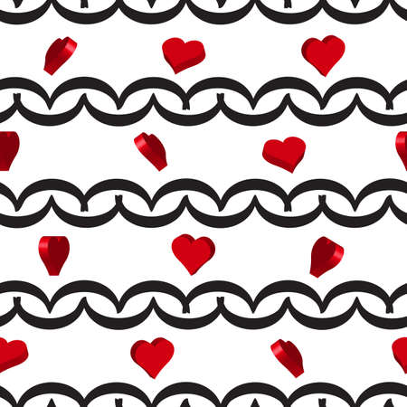 Curly or Swirly Background with 3d Hearts. Abstract Vector Seamless Patternのイラスト素材