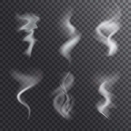 Realistic Vector Smoke Isolated on Dark Background. Transparent Steam Waves for Hot Food and Drink. Fog or Mist Effectのイラスト素材