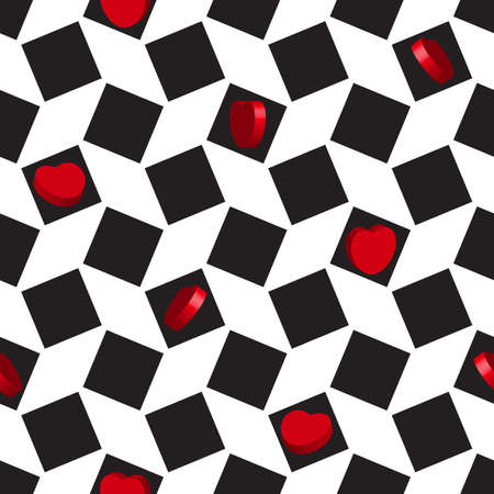 Curly or Swirly Background with 3d Hearts. Abstract Vector Seamless Patternのイラスト素材