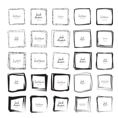 Hand drawn ink line squares vector illustration. Square doodle sketches scribbles for frames isolated on white with place for text. Pencil handwritten art imitationのイラスト素材