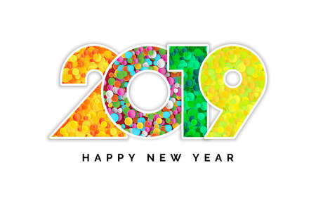2019 Happy New Year Creative Vector Multicolored Numbers Made of Confetti. Winter Holidays Greeting Card Background for Seasonal Flyers and Bannersのイラスト素材