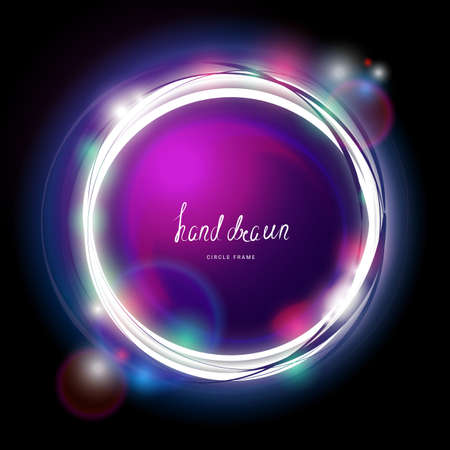 Glowing Electric Garland with Hand Drawn Circle Frame on a Vector Transparent Background. Illustration of Round Garland Lights Illuminated for New Year Card or Xmas Festive Patternのイラスト素材