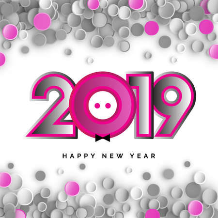 2019 Happy New Year 3d Vector Numbers for Calendar Design. Winter Holidays Greeting Card with Piglet and Chinese Zodiac Sign for Year of Pigのイラスト素材