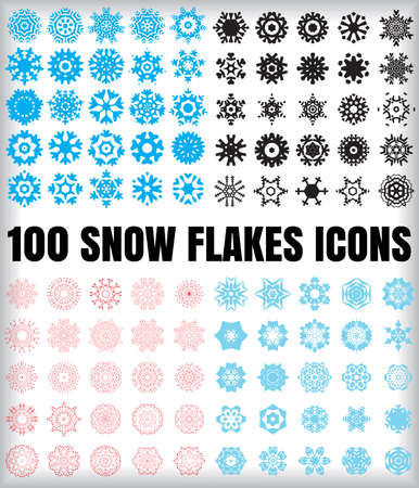 Set of 100 simple snowflake icon isolated on white background. Snow flake elements for Christmas winter design and New Year decoration. Refrigerator vector symbols or logos collectionのイラスト素材