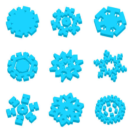 Set of 3d Vector Isometric Snowflake Icon with Various Perspective Shapes. Simple Blue Snow Flake Element for Christmas Design and New Year Decoration, Refrigerator Symbols or Logo with a Shadowのイラスト素材